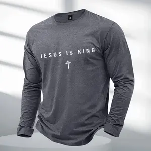 Men's Long-Sleeve Round Neck T-Shirt - 2026 Stylish Casual American Streetwear Fashion Apparel, Jesus Letter Print Christian Top, All-Season Outdoor Sports Wear, Ideal Boyfriend Gift
