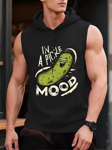 Men's Casual Hooded Sleeveless Sweatshirt, Fun Cucumber Graphic, Humorous Trendy Style, Fitted H-Type, Without Collar, No Zipper
