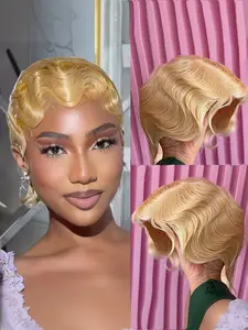 blonde short finger wave curly Wavy pixie cut machine made wig 613 blonde color human hair wigs for women short daily party cosplay use remy human hair wig