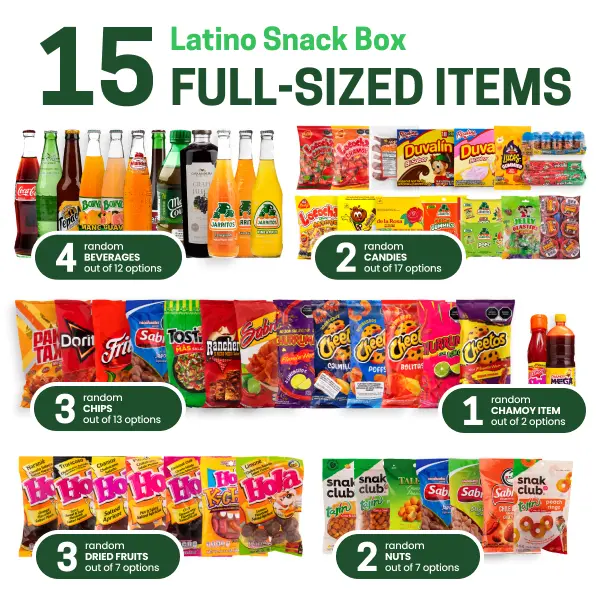 Latino Snack Box – 15 Full-Sized Favorite Latino Snacks & Beverages | Mystery Snack Box, Blind Box