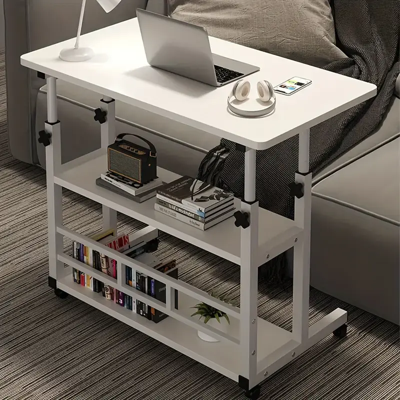 Three-tier metal folding desk with wheeled storage rack, height-adjustable and expandable desktop, mobile computer desk/study desk, suitable for home office, bedroom, living room, and study
