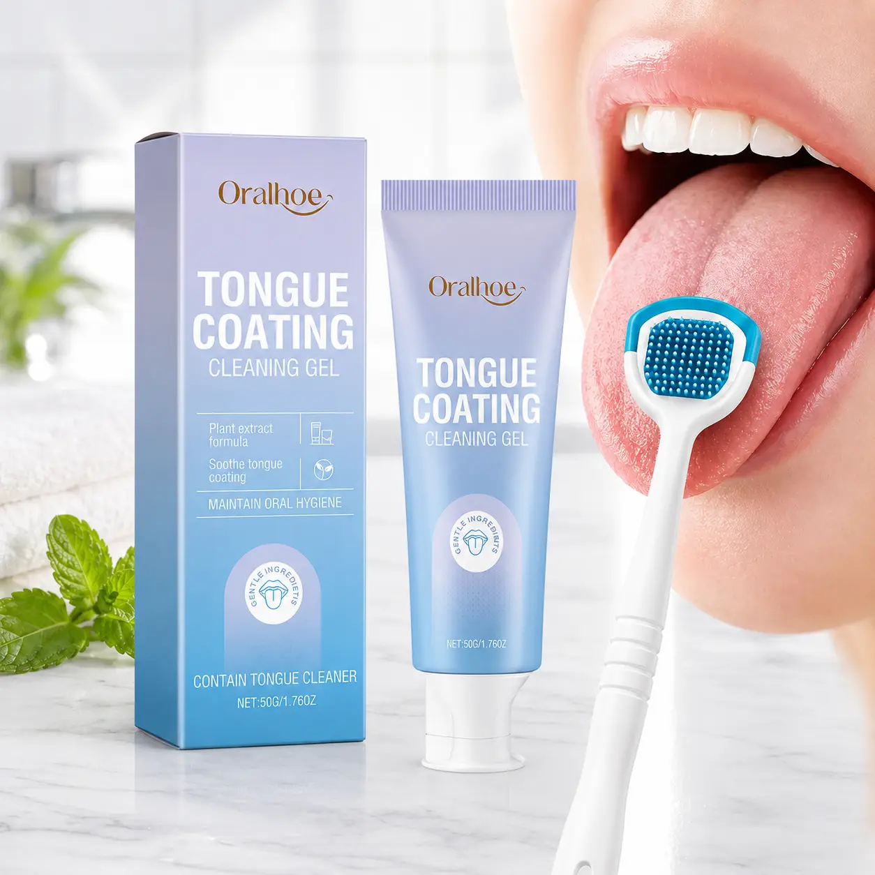 Tongue Cleaning Gel, 1 Box Tongue Coating Cleaning Gel with Tongue Brush, Oral Care Product for Freshing Breath, Daily Oral Care Product for Adults Oral Hygiene Essentials Teeth Care Kit