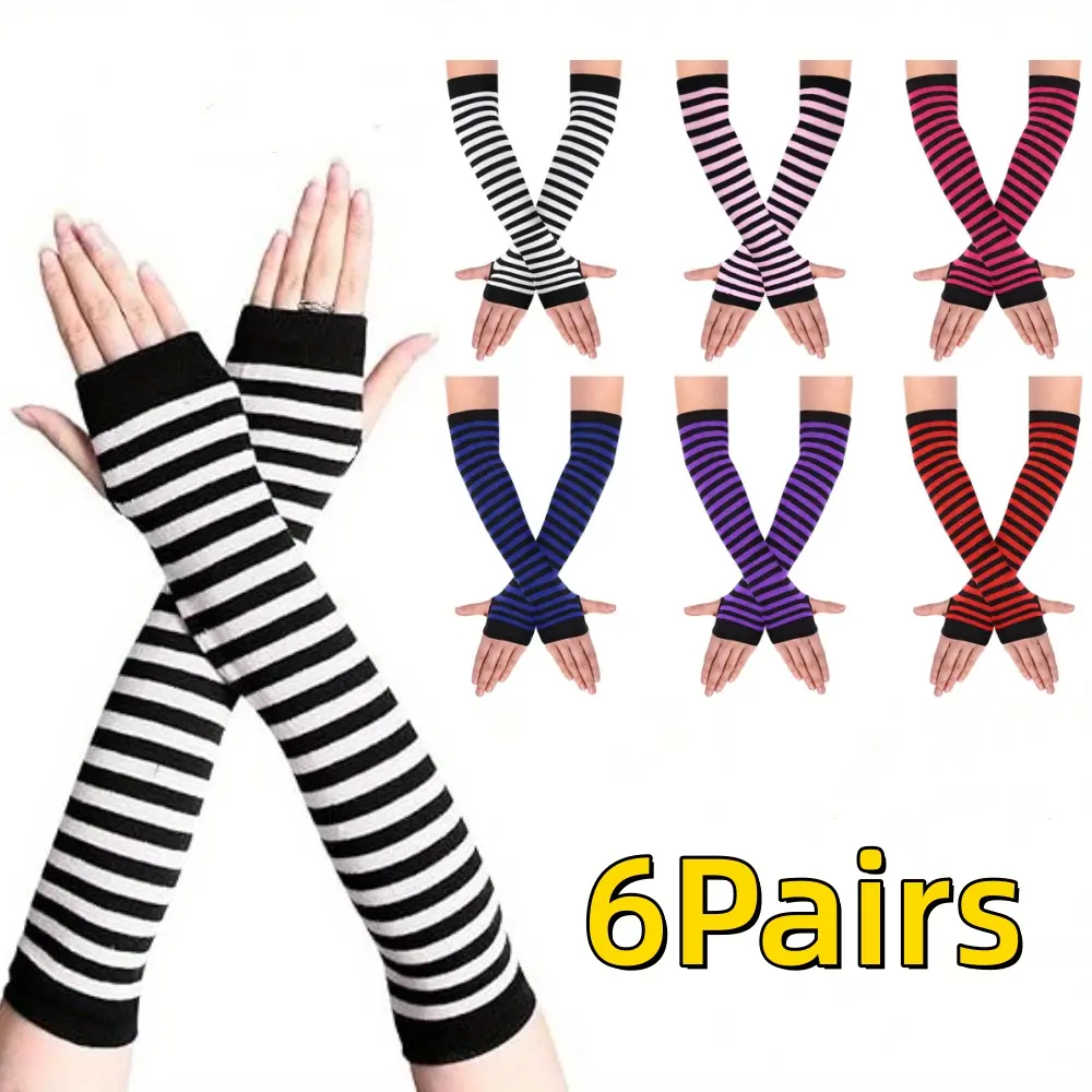 6 Pairs Elbow Length Arm Warmers for Women, Striped Breathable Knit Fingerless Gloves with Thumb Hole for Casual Wear & Typing