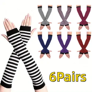 6Pairs Long Fingerless Gloves for Women Knit Thigh High Striped Arm Warmer Elbow Length Thumb Hole Gloves