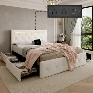 Modern Faux Leather Platform Bed Frame with Adjustable Headboard - Queen/Full Size, 4 Storage Drawers, LED Lights, Charging Station, Diamond Crystal Buttons, Metal Base, No Box Spring Needed, Adult Bedroom Indoor Furniture