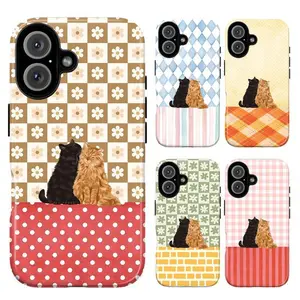 Cute Cat Couple Patchwork Phone Case – Cozy Plaid & Floral Checkered Aesthetic| Tough Dual-Layer Durable Protective Cover| Perfect Gift| Compatible With iPhone 11–17