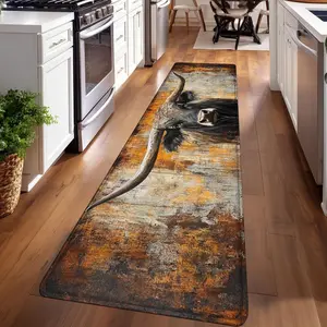 1PC, Brown Yellow Black Bull Oil Painting Patterned strip rugs, Boho Washable Rug, home décor, bathroom mats, entryway mats, bedroom bedside mats, kitchen mats, hallway rugs, flannel sponge rugs