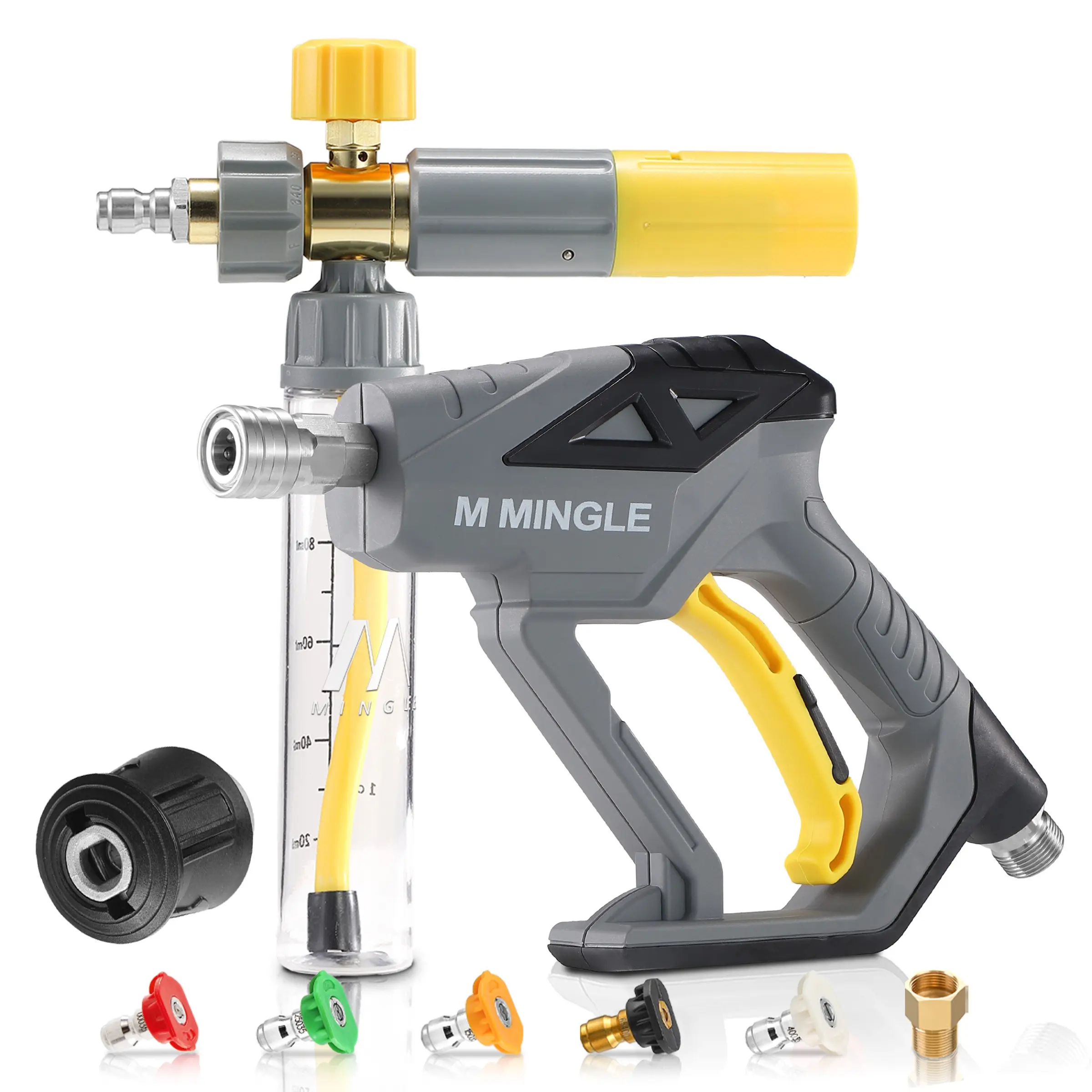 Mmingle Concentrate Mini Foam Cannon Set with Pressure Washer Gun, 5 Nozzle Tips, 1/4" Quick Connect, Includes Karcher to M22 14mm Adapter, Foam Sprayer, Car Wash Equipment, Car Wash Accessories, Car Washing Tool