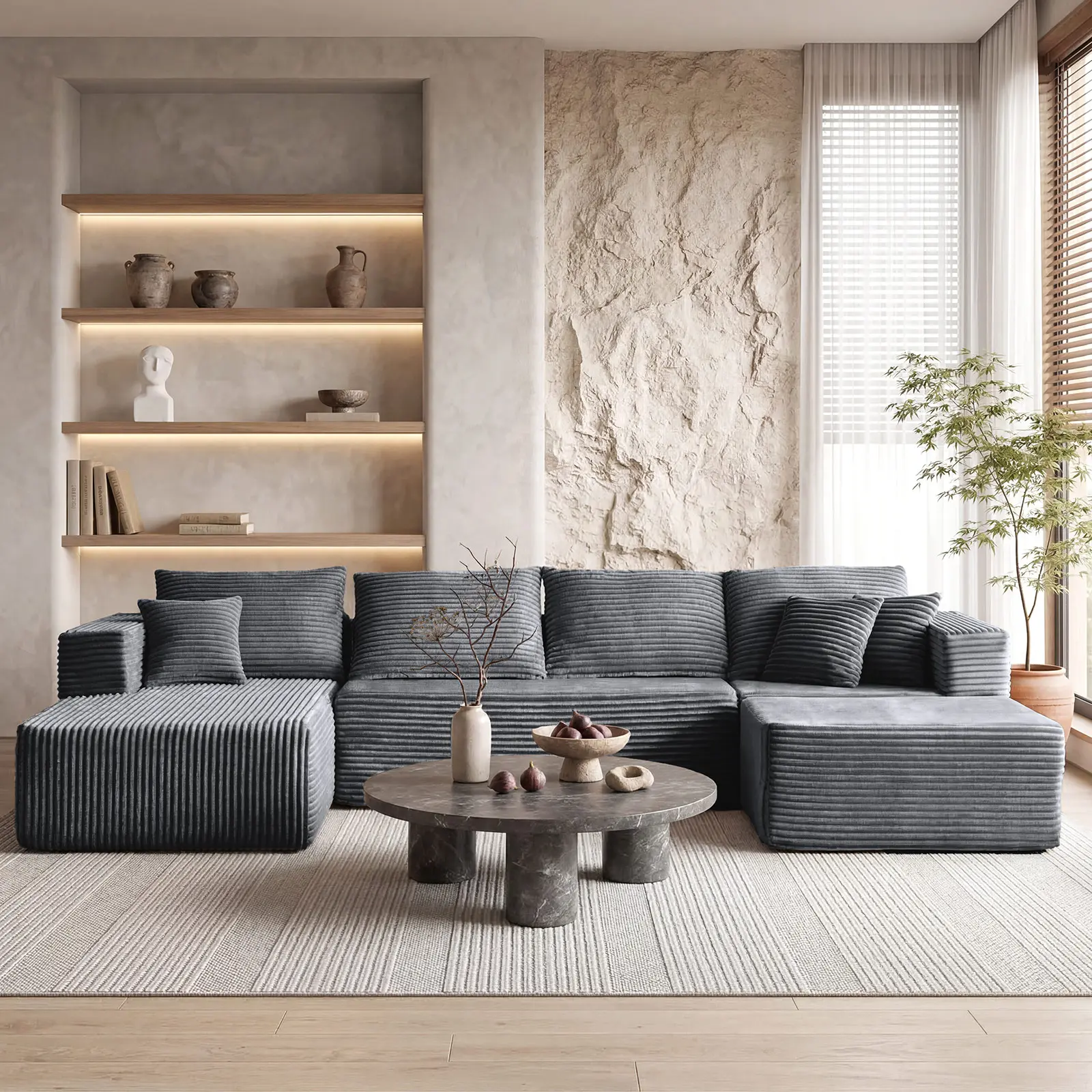 ModMood Sectional with 133x70" Modular Corduroy Sofa - Cloud-Soft U-Shaped Couch + Chaise, Ottoman & 7 Pillows - No Assembly Needed compress  sofa tiktok  shop  fyber  monday soft plush corduroy shape couch boneless oversized recliner