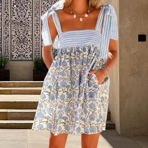 Women's Summer Short Cami Dress Printed Small Floral Dress Sleeveless Open Back Tie Shoulder Floral Dress With 2 Pockets