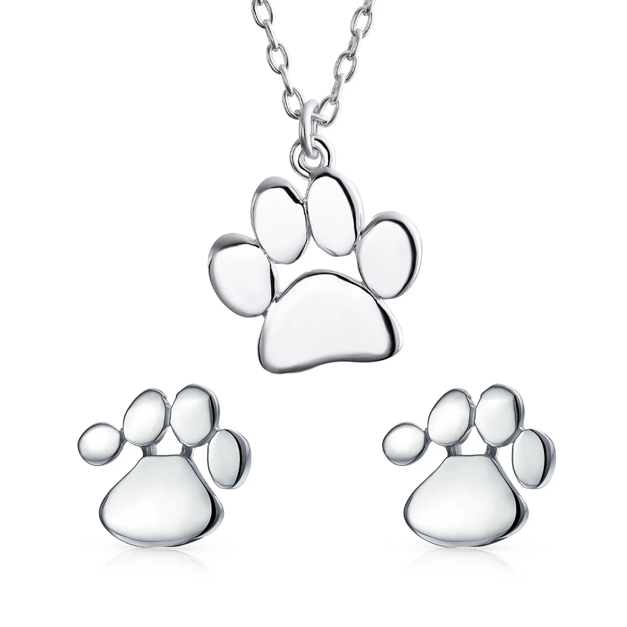 BFF Animal Lover Pet Dog Cat Paw Print Stud Earrings Pendant Set .925 Sterling Silver