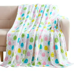 Easter Flannel Blanket, Colored Eggs, Rabbits, Carrots, Farmhouse Decor Indoor、Eggs、Watercolor floral bunny pattern, Suitable for Sofa、Bedroom Bed、Office、Travel、Outdoor、Farmhouse Holiday Decoration, Cute, Soft, Warm and Comfortable Easter Blanket