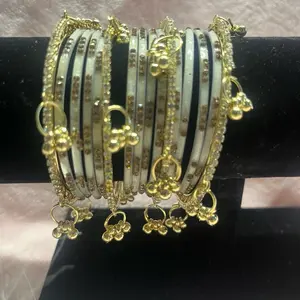 Vibrant Style Set: 12 Glass Bangles & 4 KASHMIRI Gold-Tone Accent Pieces