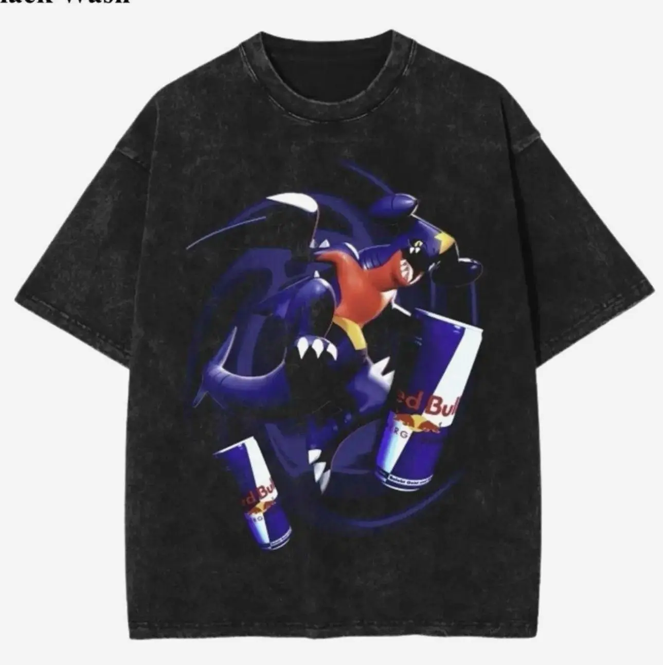 Vintage Garchomp x Bull Soda Wash Tee, Pocket Monster x Energy Soda Graphic Tees, Pocket Monster T-Shirt, Unisex Anime Shirt, PKM Gift, Gym Workout Shirt, Menswear Womenswear Streetwear Top Fit Oversize 4EG KQA R0I