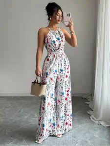 Women's Floral Print Jumpsuit, Bow Tie Waist Elegant Romper, Casual Fitted for Daily Outdoor Wear, Stylish Ladies' Clothing
