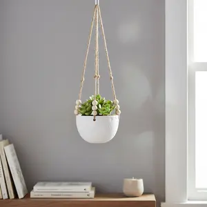 Caveman Ceramic Hanging Planter 5.38"x5.38"x3.25" White Macrame Flower Pots for Indoor Floating Garden Accessories Hand-Crafted Artisan Made