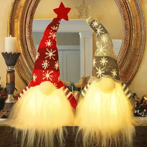 15" Lighted Christmas Gnome, Handmade Plush Scandinavian Swedish Tomte, Light Up Elf Toy Holiday Present, Battery Operated Winter Tabletop Christmas Decorations, 2 Set