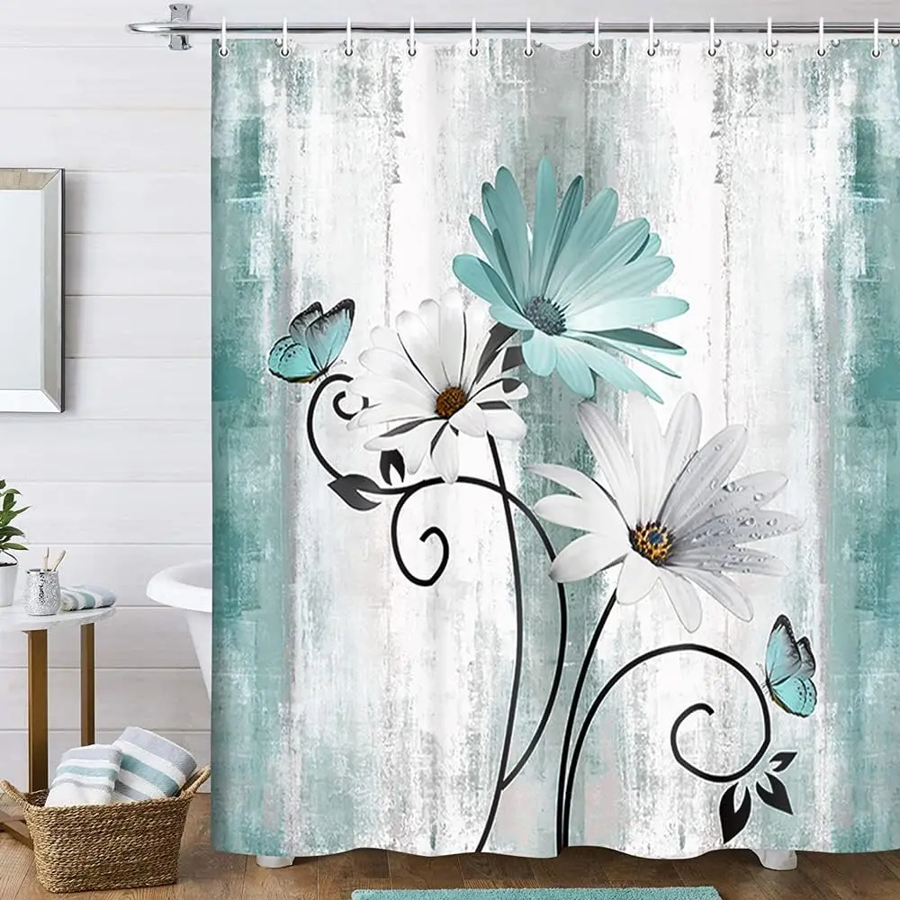 Rustic Farmhouse Shower Curtain, Farm Teal Daisy Floral Flowers and Butterfly on Country Wooden Shower Curtain for Bathroom, Turquoise Blue with PCS Hooks, 72 X72 IN