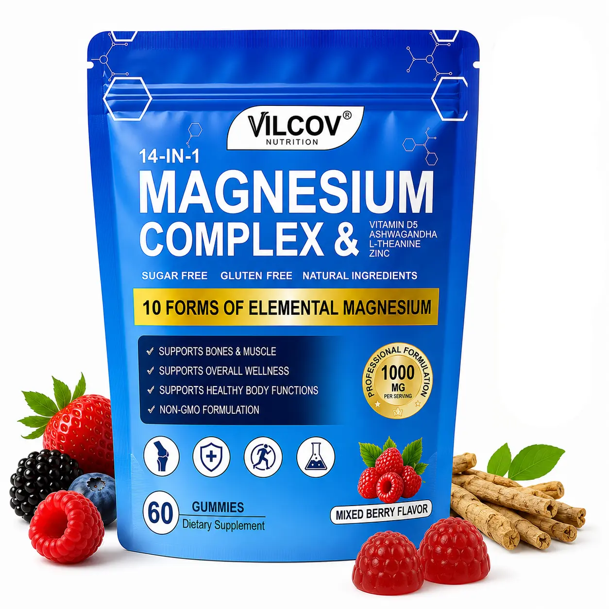 VILCOV 14-in-1 Magnesium Complex + Ashwagandha Gummies, Mixed Berry Taste – 60 Chewables with 10 Types of Magnesium, L-Theanine, D3 & Zinc – Helps with Evening Relaxation, Sleep Support & Daily Vitality – Ideal for Busy Moms, Travel & Summer Self-Care