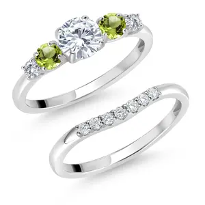 10K White Gold White Lab Grown Diamond and Green Peridot 5 Stone Bridal Engagement Wedding Ring Set For Women (0.85 Cttw, Round: 5MM and 3MM)