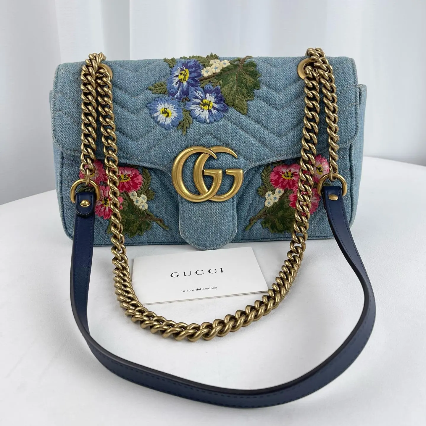 Pre-owned GUCCI Floral GG Marmont Matelassé Denim Bag 24335182