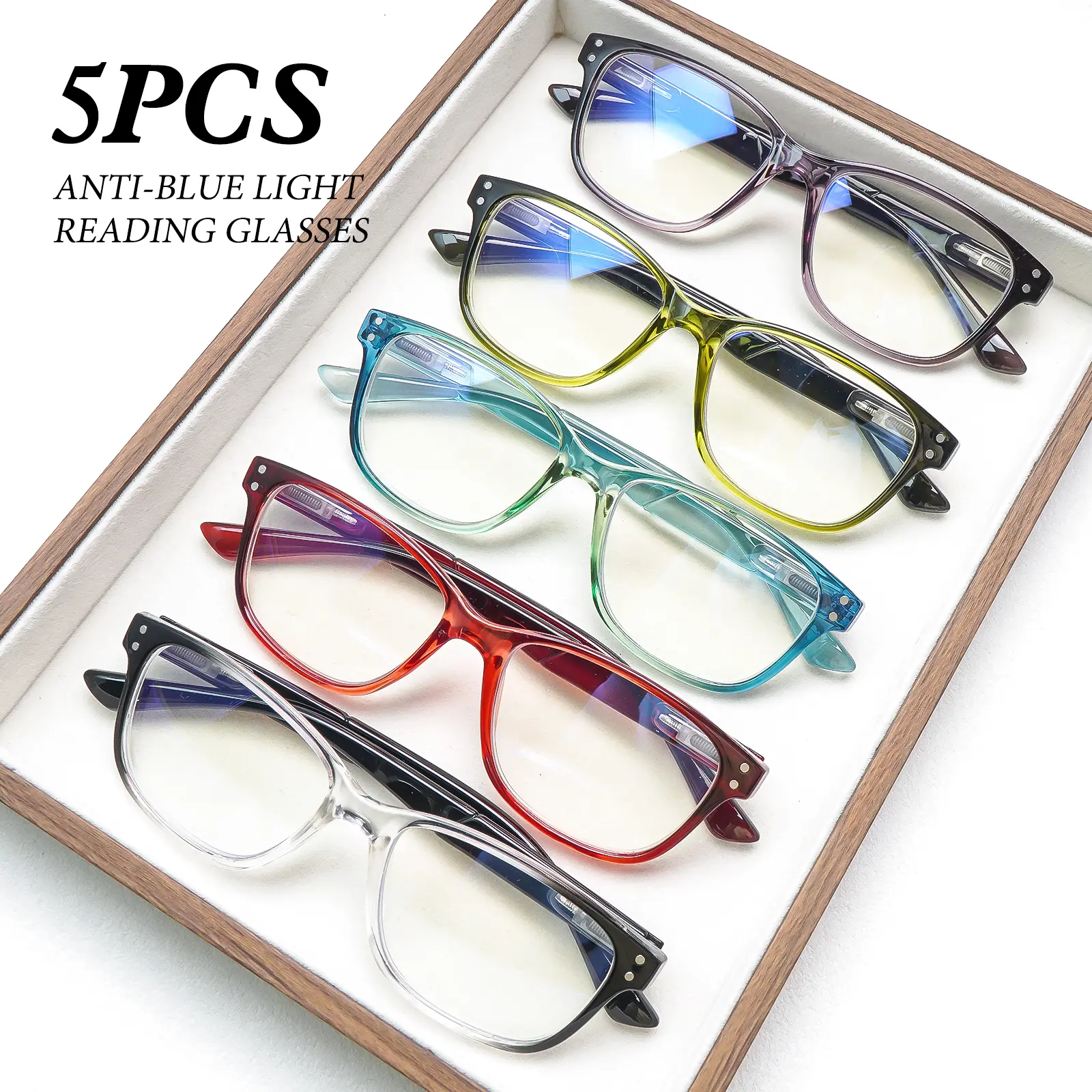 5 Pack Blue Light Blocking Reading Glasses Square Frame Spring Hinge Clear Fashion for Women Men Lightweight Mix Color High Quality Eyeglasses Daily