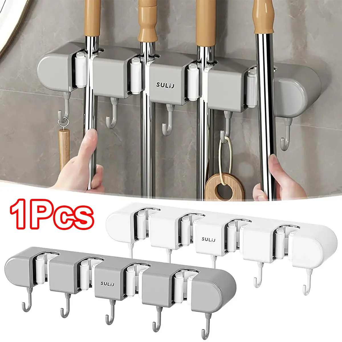 1pc No-Drill Wall-Mounted Mop Holder — Broom Rack with 4 Slots and 5 Hooks — Non-Marking Bathroom Broom And Mop Organizer Wall Hanging — Self-Adhesive Wall Mount — Moisture-Proof, Durable Storage Solution for Kitchens, Bathrooms, and Closets