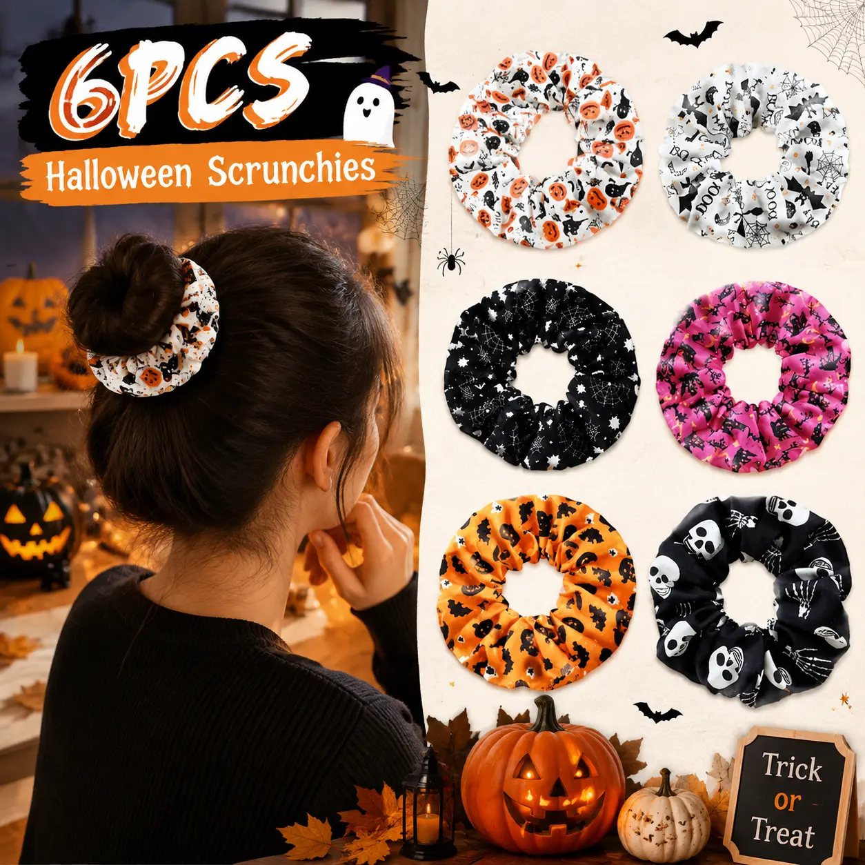 6 Pack Women Gothic Punk Halloween Headbands, Elastic Fashion Headbands, Dark Mysterious Print with Pumpkin, Spider Web, Bat & Ghost, Stretchy Fabric Non Slip Hair Bands, Ideal Halloween Cosplay & Back to School Costume Hair Accessories Set