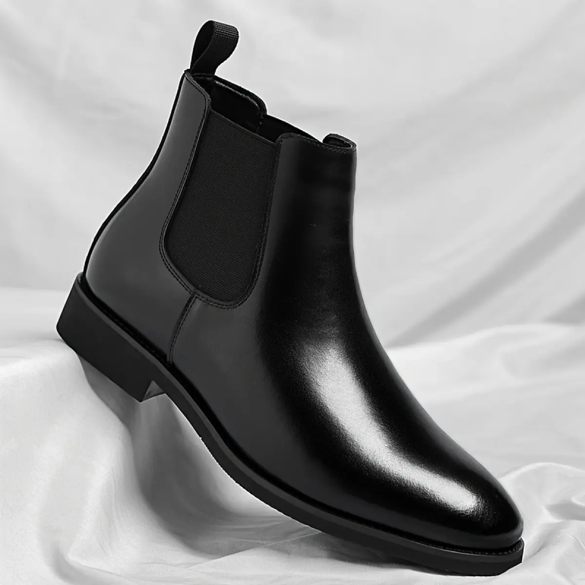 Men's Chic Slip-On Ankle Boots - Glossy Black Plain Synthetic Leather Upper, Rubber Sole, Closed Sweat-Design Decor, All-Seasons Comfort for Casual & Business Work Wear