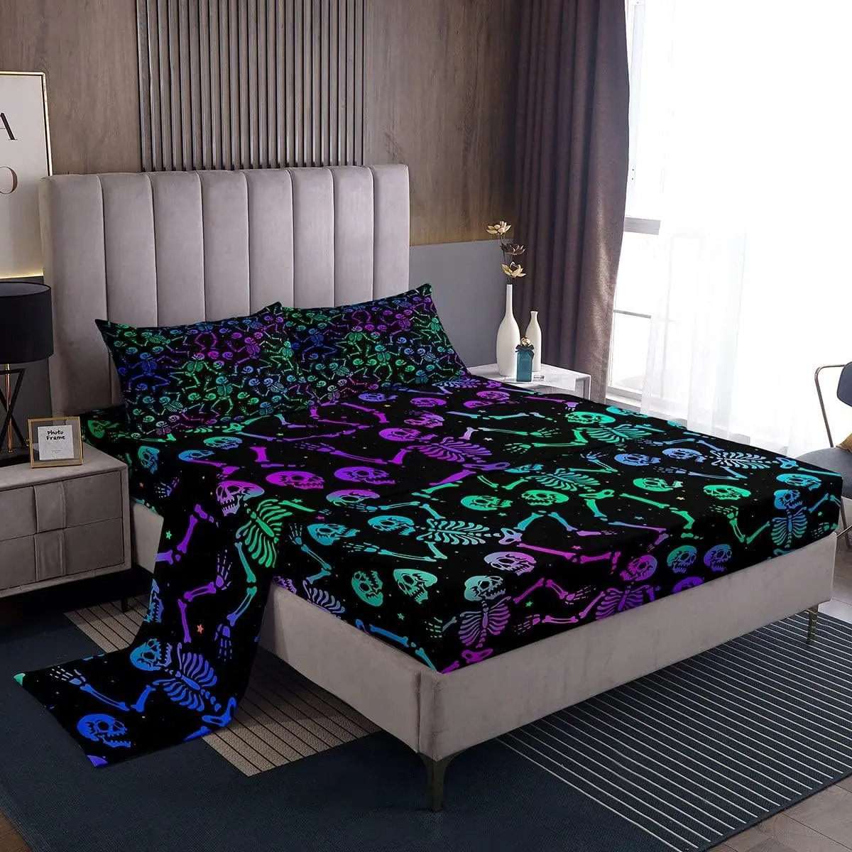 Feelyou Sugar Skull Halloween Bedding Set - Microfiber Breathable Sheets, Skeleton Bone Pattern Linens, Green Blue Purple Ombre Fitted & Flat Sheets, Soft Horror Theme Bedroom Decor, Microfiber Bed Sheet