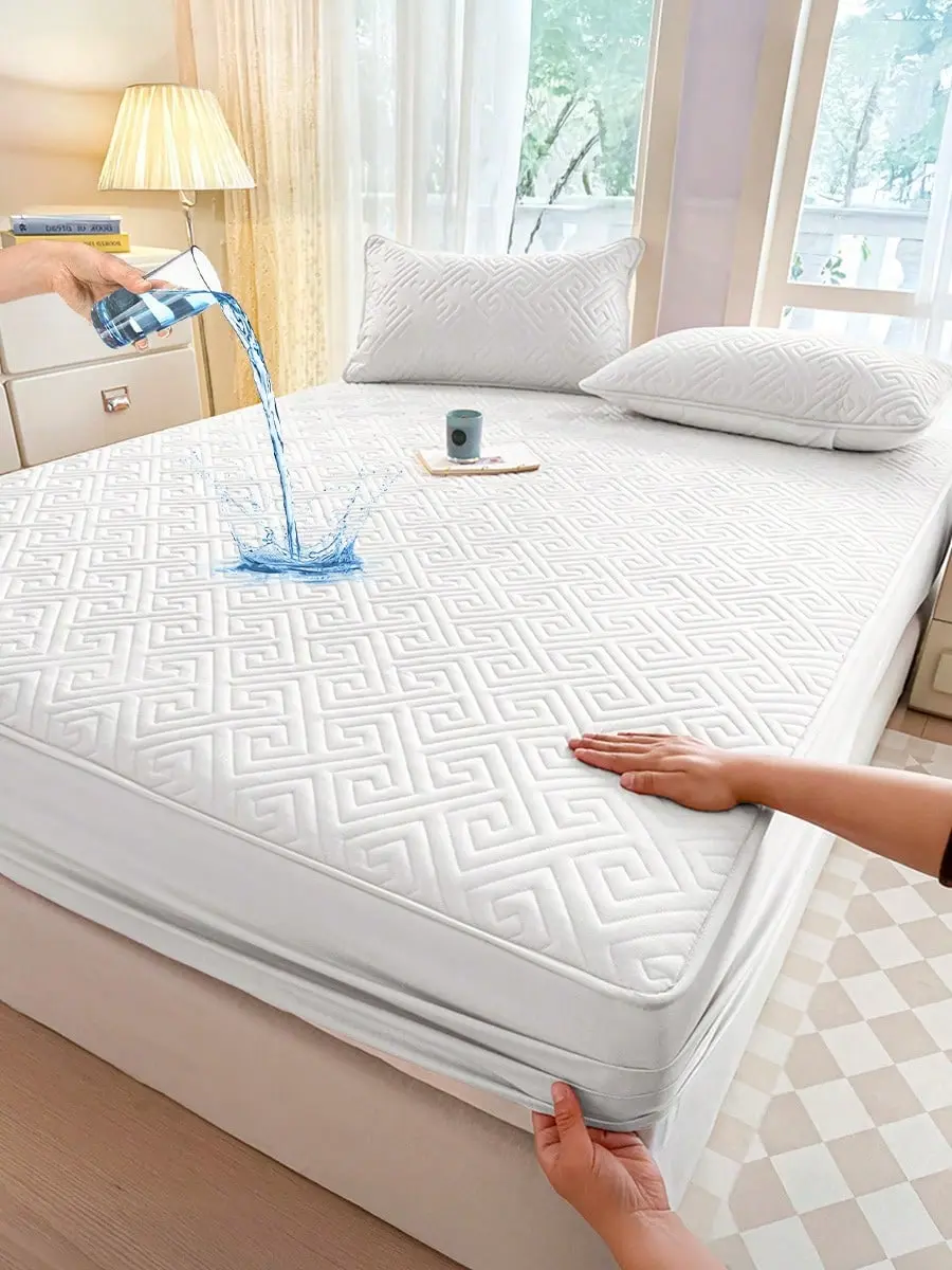 1PC 30cm Deep Fitted Sheet - Plaid Maze Grid Pattern, Ultrasonic Stitching, Polyester Fabric, Waterproof Quilted, Breathable, Flat Weave, Machine Washable Bedding Sheet
