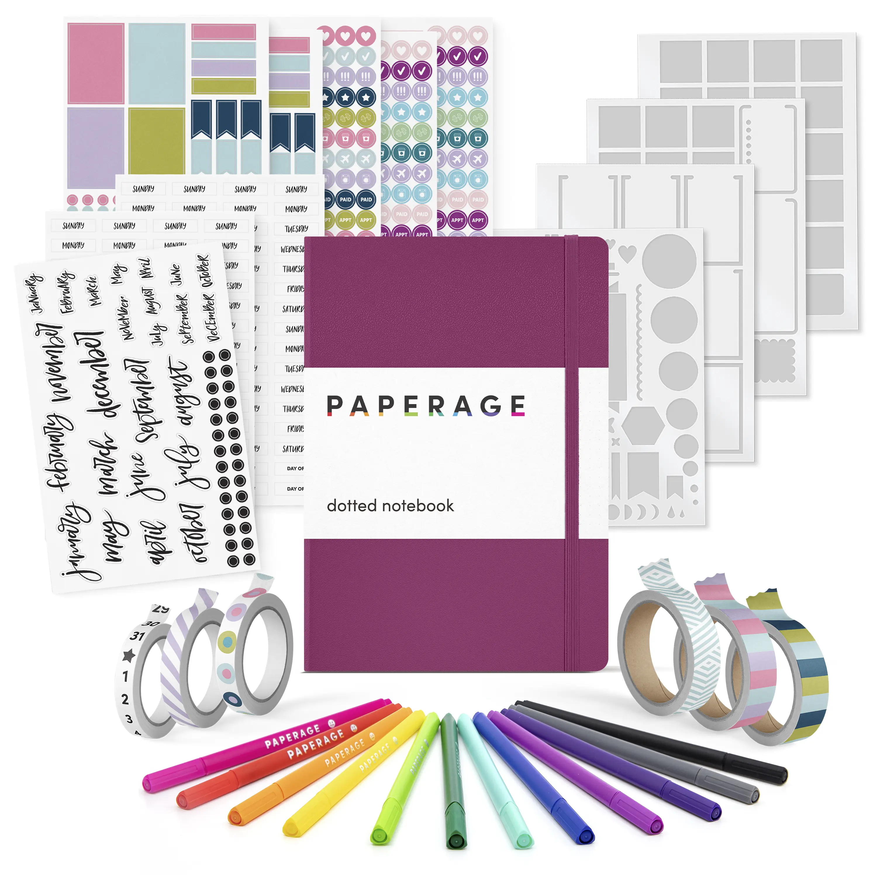 PAPERAGE Journaling & Scrapbooking Kit with Vegan Leather Cover, Office Stationery Supplies Including The Notebook with Dotted Pages, Fineliner Pens, Sticker Sets, Stencil Sheets, Washi Tapes, Planner for Bujo Aesthetic