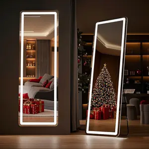Full Length LED Mirror with Stand, 64"x21" Floor Mirror Featuring Dimmable 3 Color Lighting, Wall Mounted Option, Aluminum Alloy Frame - Acrylic
