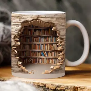 3d Effect Bookshelf Mug -3d Effect Books Mugs,library Bookshelf Mug, Book Lovers Coffee Mug, Creative Space Design Multi-purpose Ce Ic Mug, S for Readers Bookish 3d White Mug