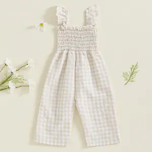 Baby Girl Romper Ruffle Sleeveless Plaid Print Ruched Jumpsuit Suspender Pants Summer Outfit