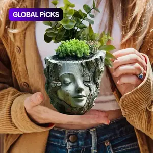 Handmade Girl Face Resin Planter, Unique Pots, Wood Texture Design, Irregular Shape Decorative Indoor Outdoor Plant Holder, Home Garden Decor, Artistic Floral Stand #GLOBAL PICKS