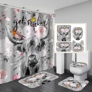 4PCS Highland Cow Shower Curtain Set, Get Naked Country Pink Peony Floral Botanical Western Farm Animal Longhorn Cattle Bull Rustic Farmhouse Bathroom Decor, Non-Slip Bath Mat Toilet Rug