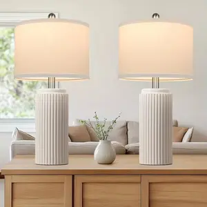 Set of 2 23.5in Modern Ceramic Table Lamps for Living Room, Farmhouse Vintage Bedside Table Lamps with White Linen Shade, Rustic Bedroom Ceramic Lamps for Nightstand Home Office End Table Dorm
