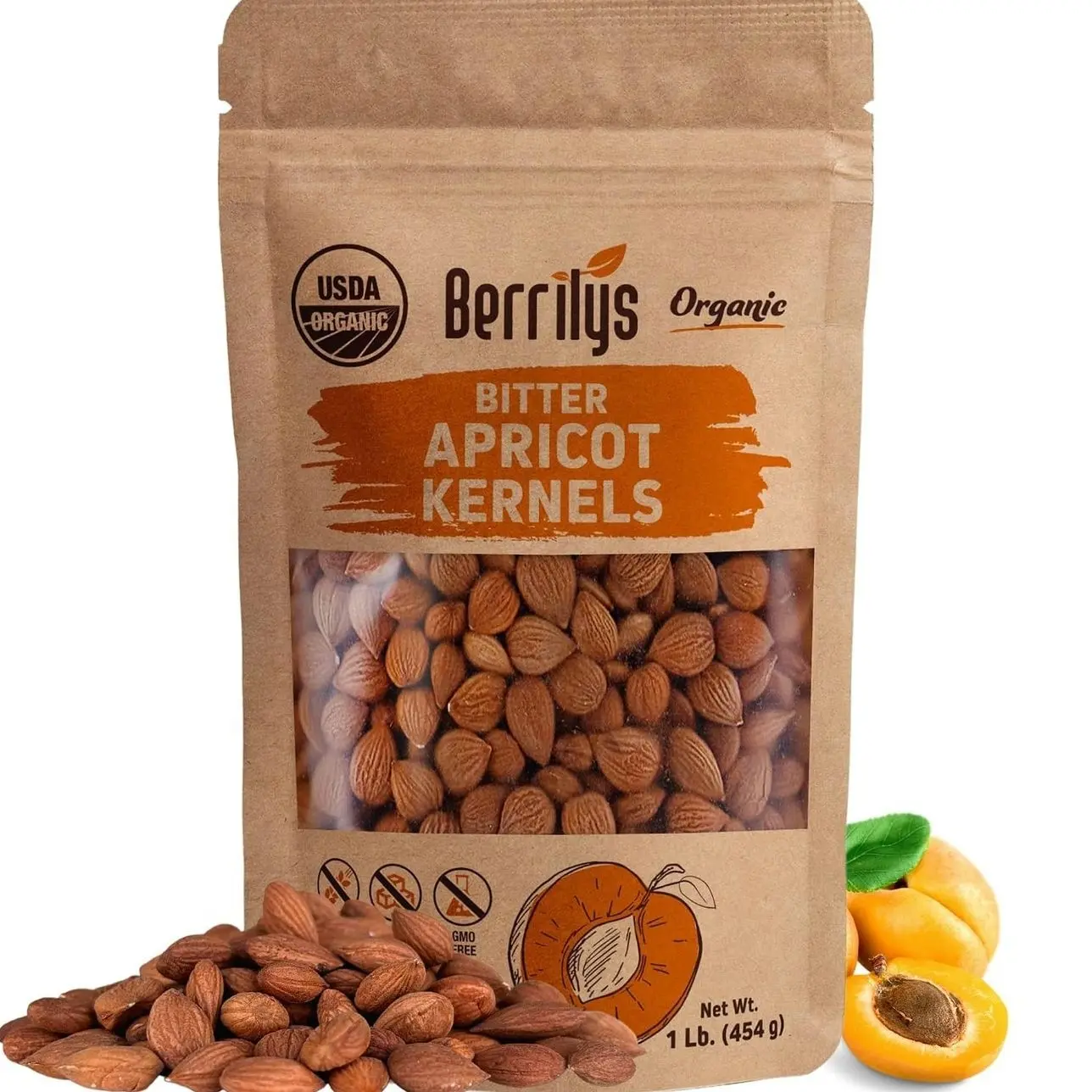 Berrilys Organic Bitter Apricot Kernels - USDA Certified Organic Bitter Apricot Seeds - Natural & Non-GMO, Premium Quality Kernals, No Sulfur or Additives - 16 oz