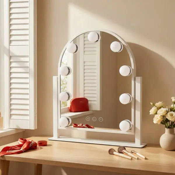 Hollywood Vanity Arch Makeup Mirror 3 Color Lighting 9 LED Bulbs Touch Control White with 20X magnifying glass and tweezers Standing Reflection