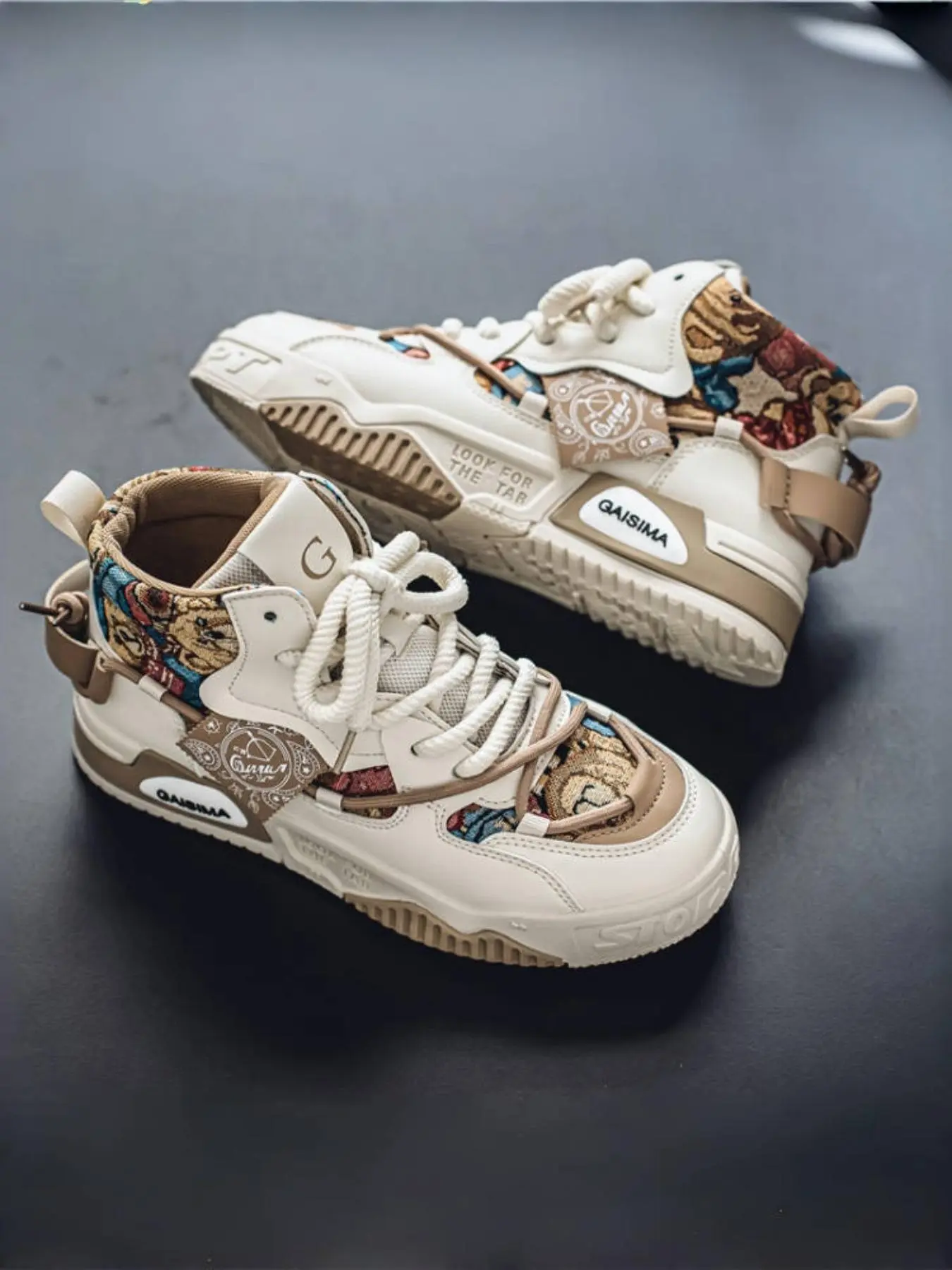 High - Top Sneakers - Leather and Fabric Blend, for Casual and Streetwear - Stylish with Unique Pattern and Comfortable Fit, Athletic Sports Shoes