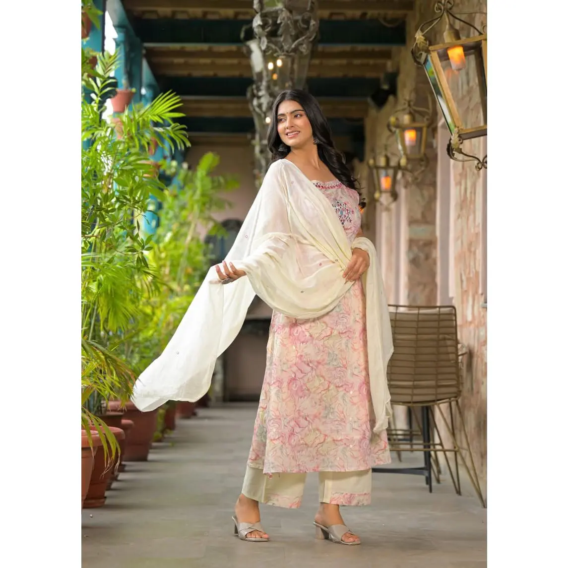 Mirror Worked Pure Soft Cotton Kurtha Set with Rope Designed on Shoulder.