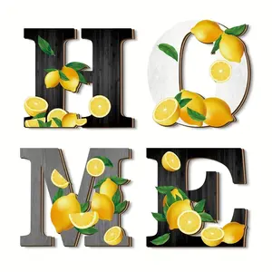 4 Piece Welcome Summer Lemon Wooden Wall Decor, Vintage Rustic Design Home Letter Signs, Beach House Decoration, Living Room Kitchen Bedroom DIY Stickers, Signage
