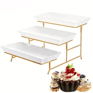 A three -layer dessert frame with a foldable metal display rack and three plastic tray can be used as a snack display rack/paper cup cake tray, suitable for family gatherings, party weddings, party supplies, dining table decoration