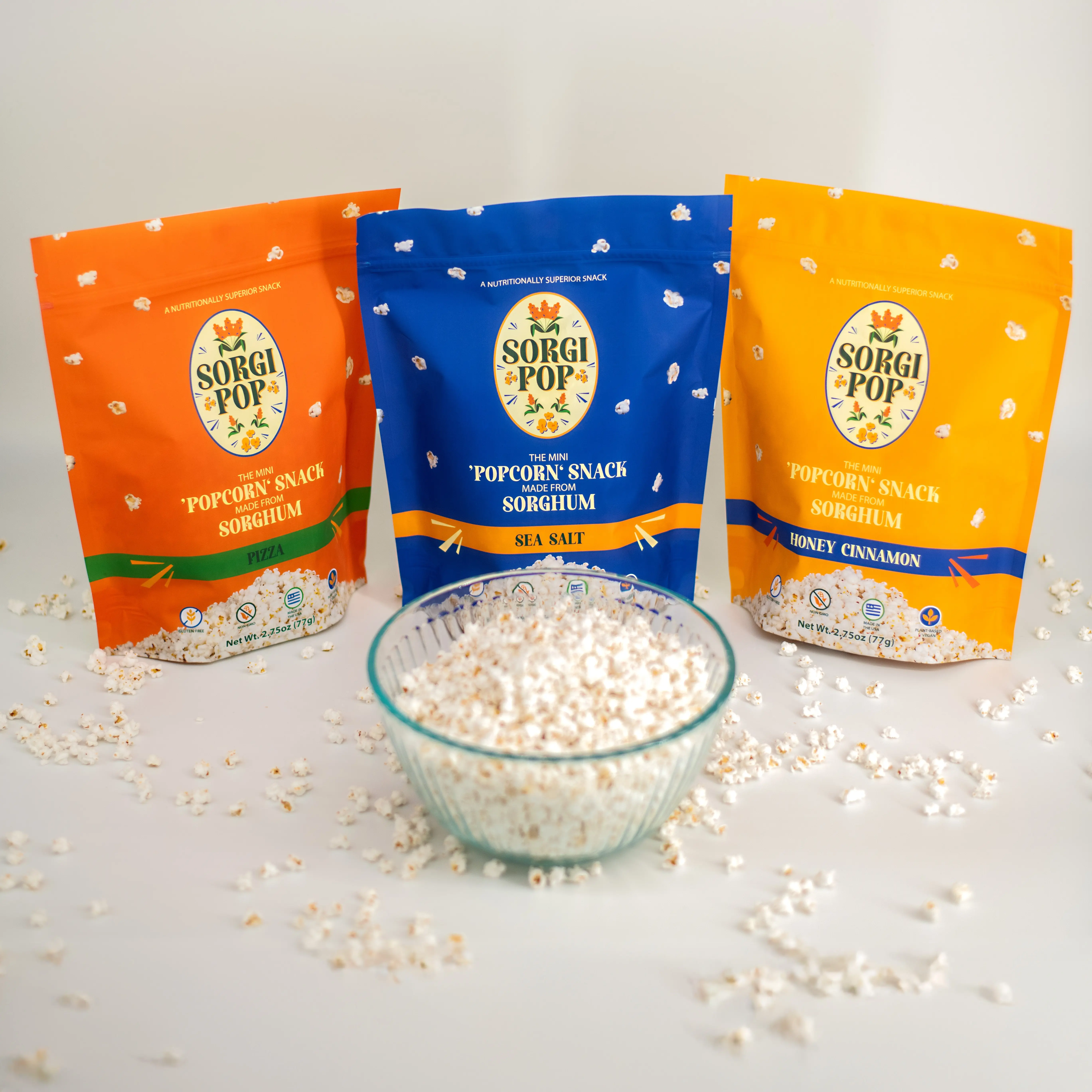 SorgiPop 4 Bag Bundle - 2 Sea Salt, 1 Pizza, 1 Honey Cinnamon Popcorn Snack No Hard Kernels Clean Ingredients Crunchy Crispy