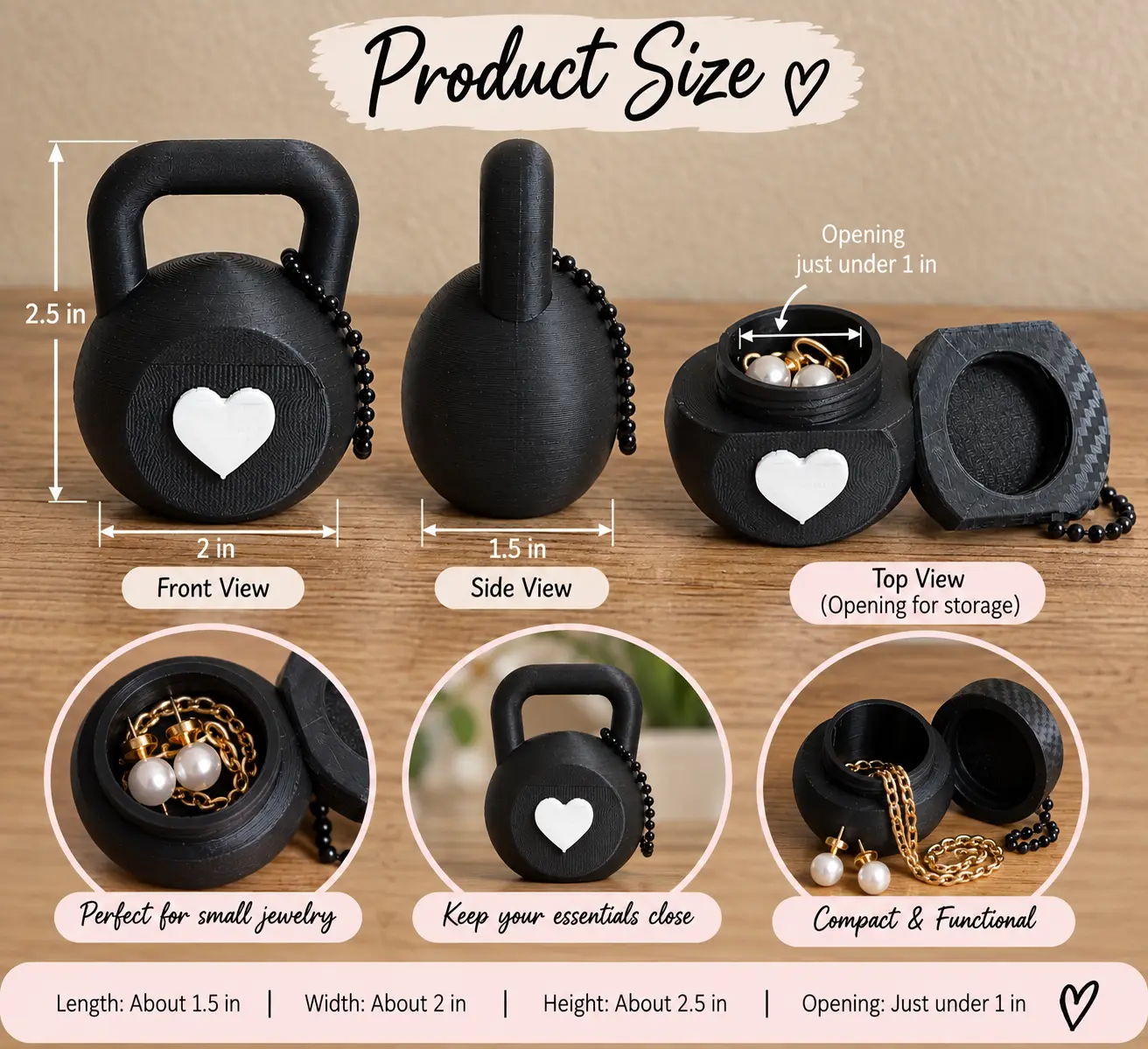 3D Printed Kettlebell Jewelry Holder Container, Fitness Girl Home Organizer, Gym Workout Gift for Her, Ring Storage Accessory