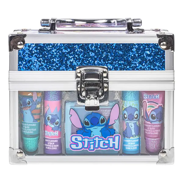Disney Stitch Beauty Mini Train Case Set Includes Lip Gloss Tube, Lip Balm, Lip Gloss Compact for Girls Parties, Sleepovers by Townley Girl