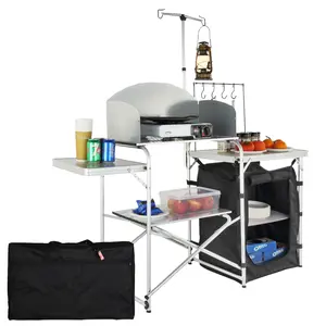 【Spotlight Day】VEVOR Camping Kitchen Table, Folding Outdoor Cooking Table with Storage Carrying Bag, Aluminum Cook Station 1 Cupboard & Detachable Windscreen, Quick Set-up for Picnics, BBQ, RV Traveling, Black