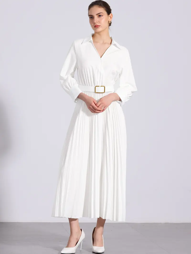 INSPIRE CHIC Collar V Neck Belted Pleated Maxi Dress White