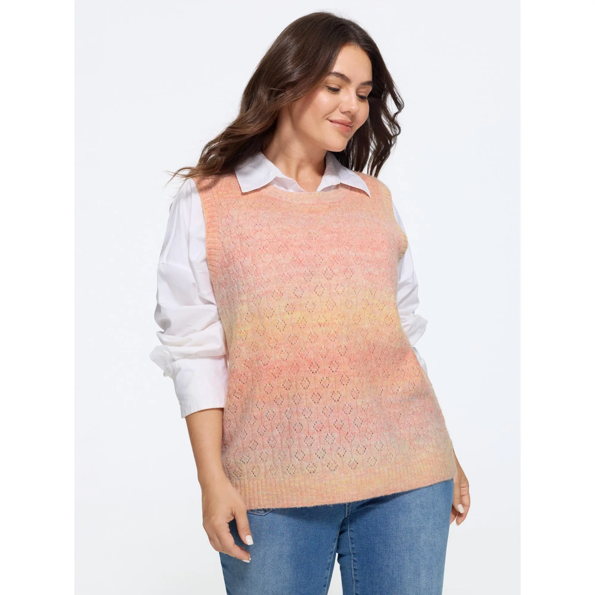 BLOOMCHIC Women's Plus Size Crew Neck Gradient Space Dye Hollow Sweater Vest[M-6X] - Fabric Garment, Sleeveless Fit, Flat Design, 2026 Summerfinds, Casual